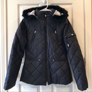 Bebe Black Coat Faux Fur Lined Hood